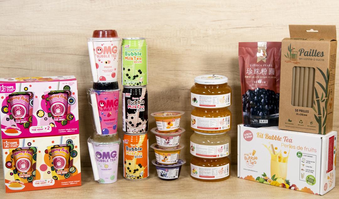 Bubble Tea prêt à l'emploi avec perles de tapioca et perles de fruits, gobelets et kits maisons, pailles.